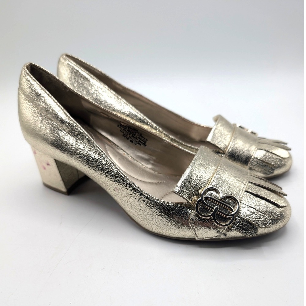 Bandolino Dolahe Metallic Gold Kiltie Fringe Block Heel Pumps 8M Futuristic Chic